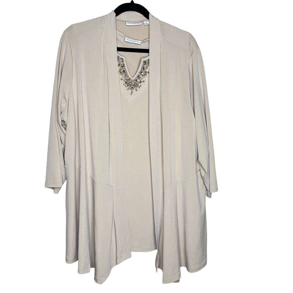 Susan Graver Liquid Knit Beaded 2 Piece Set Tank Cardigan Stretch Beige Size 2X